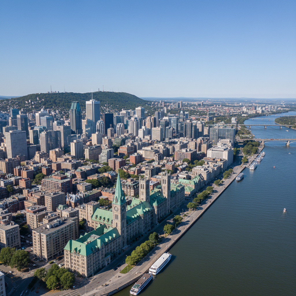 Aerial view of Montreal with historic buildings and skyline.