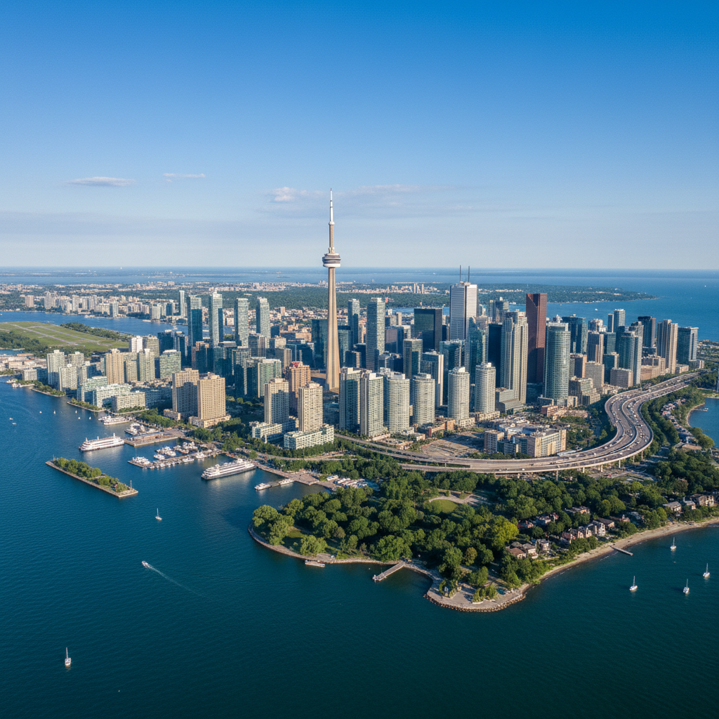 Aerial view of Toronto skyline near the waterfront.