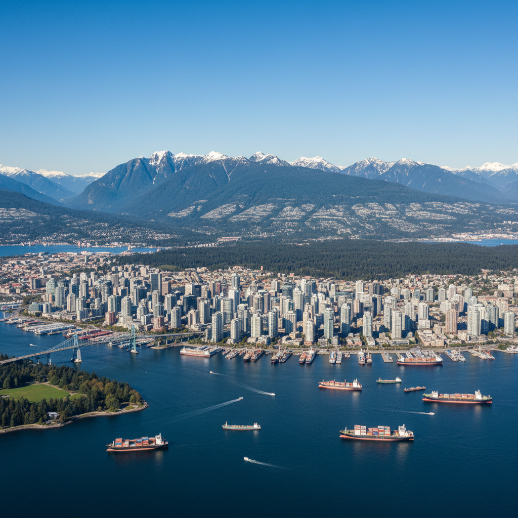 Aerial view of Vancouver with mountains and harbor.