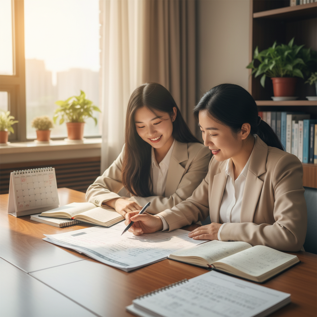 A student and advisor reviewing a weekly plan together.