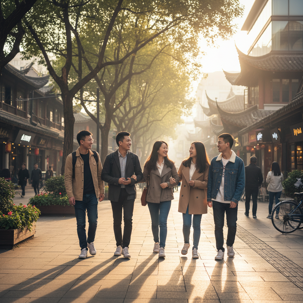 International students walking together in a city neighborhood.